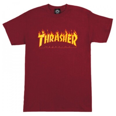 Thrasher T-Shirt Flame Cardinal Burgand Red Skateboard Flamme Tee Rot Magazine S