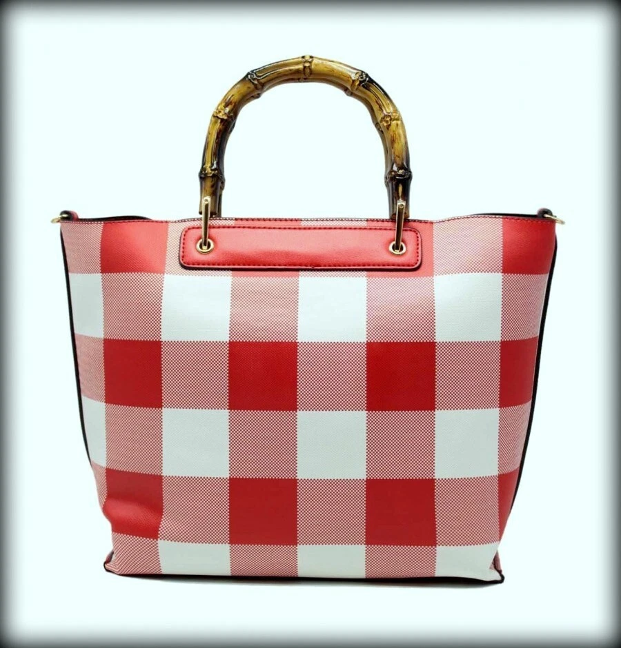 Sac carreaux blancs et noirs-rouges-Epaule Tom & Eva-Bambou neuf-Pique-nique - Photo 3/4