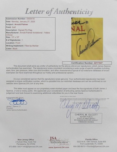 Arnold Palmer Signed/Auto Arnold Palmer Invitational Pin Flag Framed JSA 195887 - Imagen 4 de 4