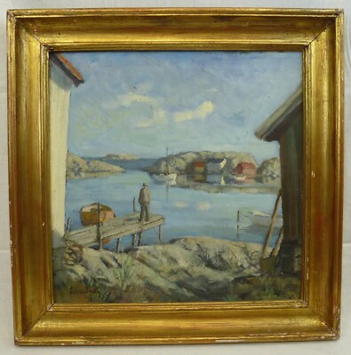 (B1194) Ölgemälde ''Fischersiedlung im Fjord'' Julius Smith (1885 - 1960) Norwegen