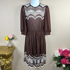 M Vintage 80s Brown Polka Dot Dress Stretch Medium Long Sleeve Stretch Retro