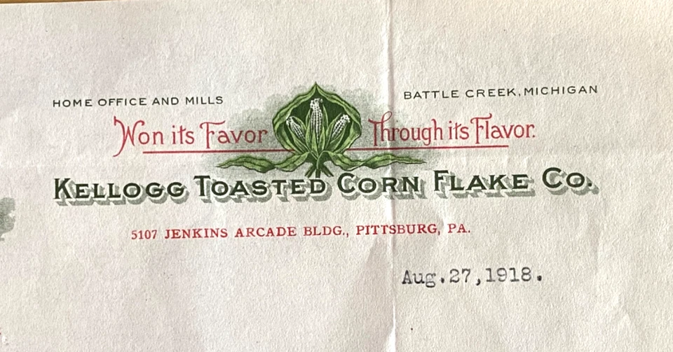 Kellogg's Toasted Corn Flakes 1918 antiguo membrete de la compañía Pittsburgh, Penn. Foto 3 de 4