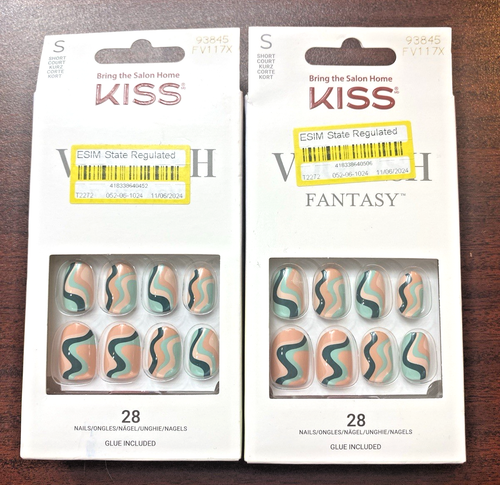 Confezione 2 Unghie Corte Retrò Anni 90 Kiss Voguish Fantasy FV117X Pesca Come Nuove Onde Nere