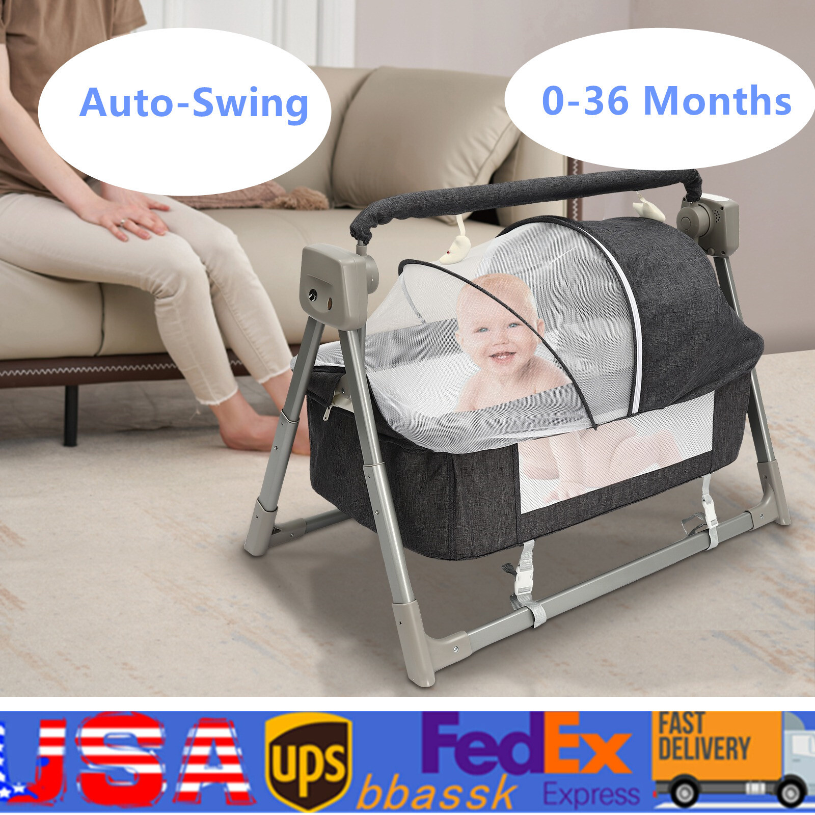 Portable Electric Baby Swing Cradle Bassinet Rocking Crib Infant w/Bluetooth NEW