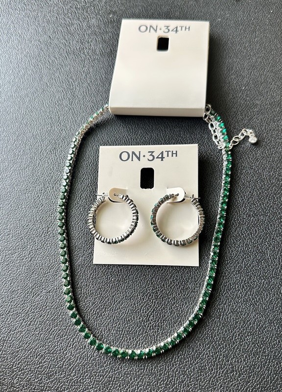 On 34th 3mm Green Crystal Station All-Around Tennis Necklace Earrings Set $