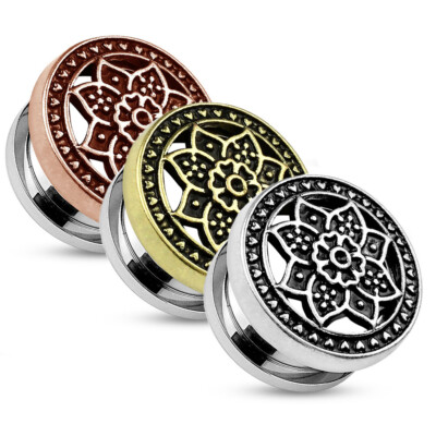 Flesh Ohr Tunnel Plug Piercing Edelstahl Tribal Blume Mit - Foto 8