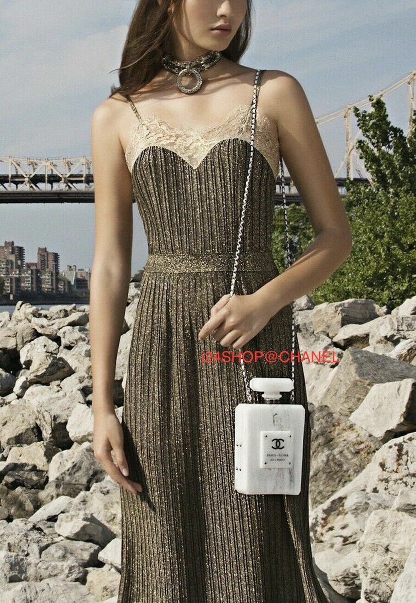 Chanel 16A NEW $6100 PARIS-ROME Gold Lace-Trim Bustier Dress FR44 US 10-12