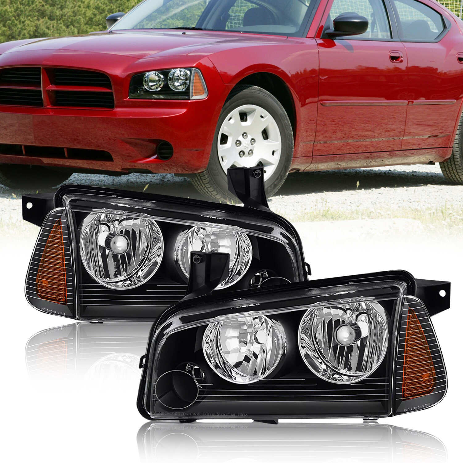 FOR 06-10 DODGE CHARGER BLACK HOUSING AMBER CORNER HEADLIGHT REPLACEMENT PAIR