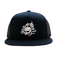 Burning skull head with fire flame embroidered mesh trucker baseball cap
