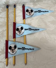 3 x Vintage Mickey Mouse Walt Disney World Pencils - w/ Pennants - 1970s / 80s