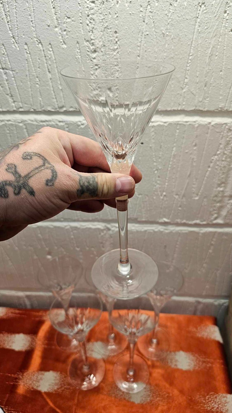 Wonderful Set Of 6 Vintage Cut Crystal Long Stemmed Martini Type