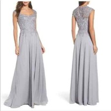 La Femme Silver Crepe Chiffon Embellished Bodice Gown 12 Style 23286