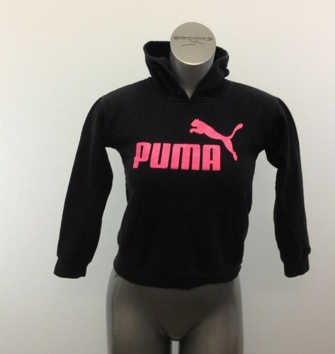 Puma Hoodie Girls Medium Black w/Pink Cat Logo Long Sleeve Hooded Sweatshirt - Picture 1 of 7