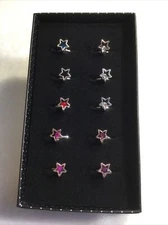 Kids 10pc Silver Star Atop Color Rhinestone Fun Sparkling Patriotic Ring Set 