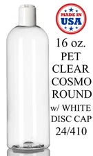 16 oz. Cosmo Round PET Plastic Bottles Empty With White Disc Cap Bulk Lot