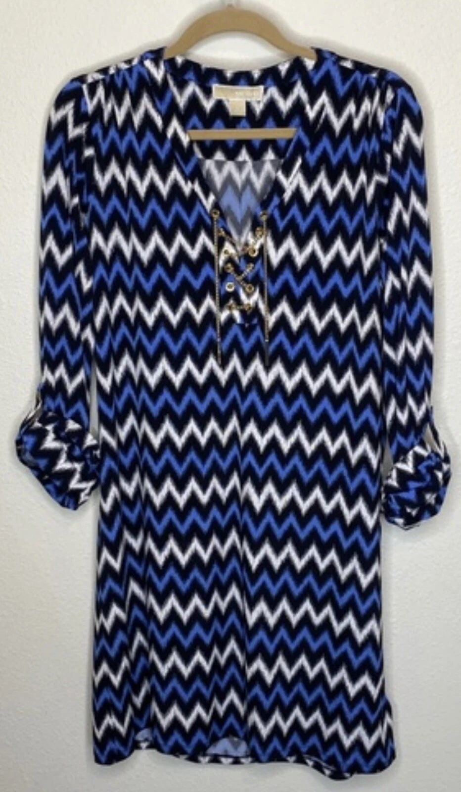 Abito tunica midi Michael Kors blu chevron catena oro stringato nuovo con etichette taglia M $120