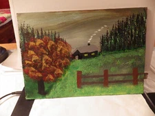 CABIN LANDSCAPE WITH TREES ACRYLIC PAINTING ON WOOD, 8 1/2" x 12"