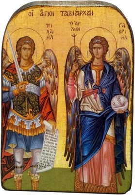 Michael & Gabriel Orthodox Wood Icon Handmade Byzantine Greece 13x9cm 5.1x3.5in