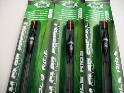 3 x Pro Team Carp Ready to Use Pole Rig. 4x16 Float, Size 14 Barbless Hook Set 5