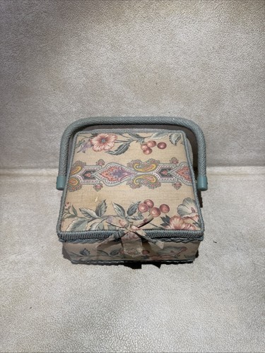 Vintage Padded 8” Sewing Basket Storage Box Blue Floral Wicker Trim BK6 - Picture 1 of 9