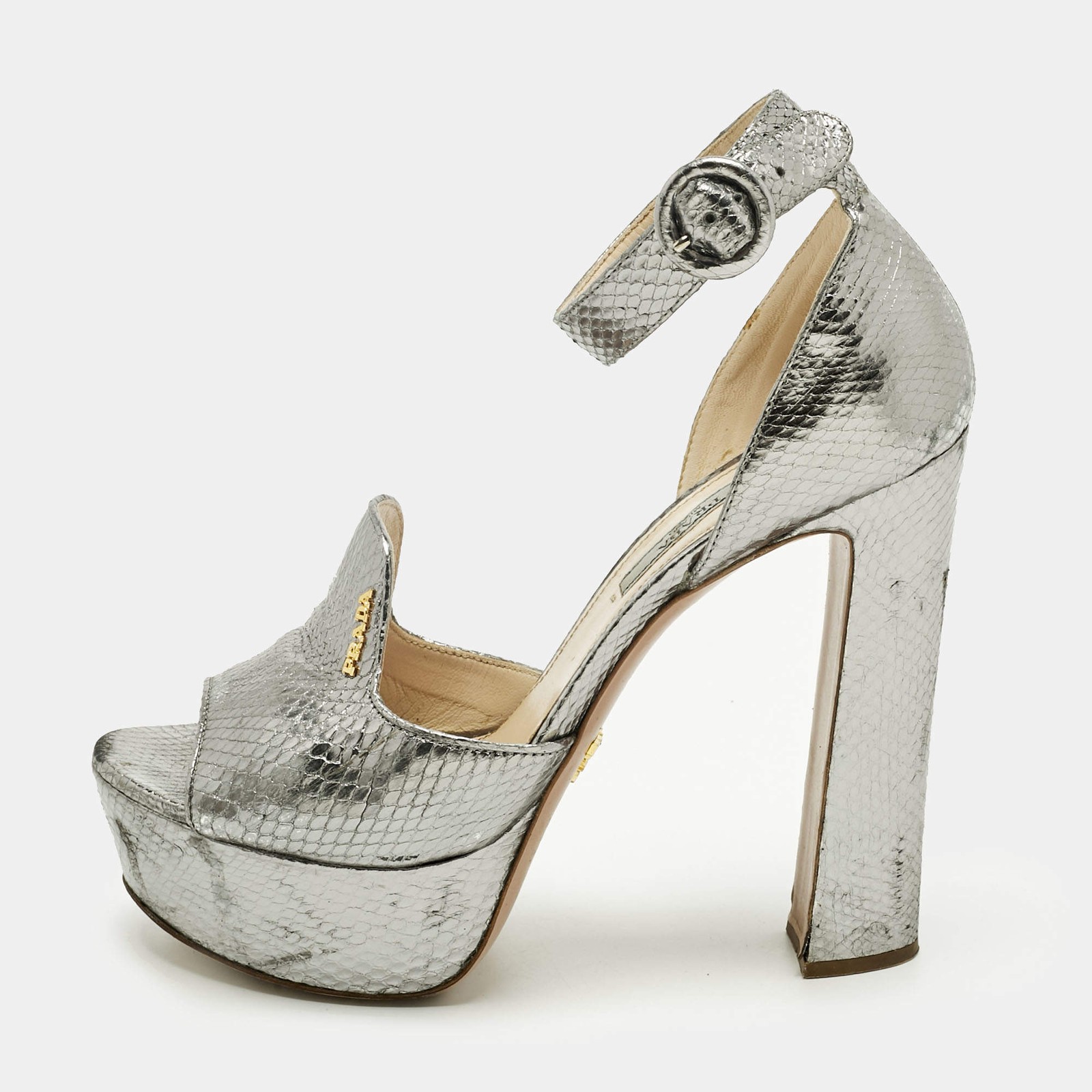 Prada Metallic Silver Python Embossed Leather Ank… - image 1