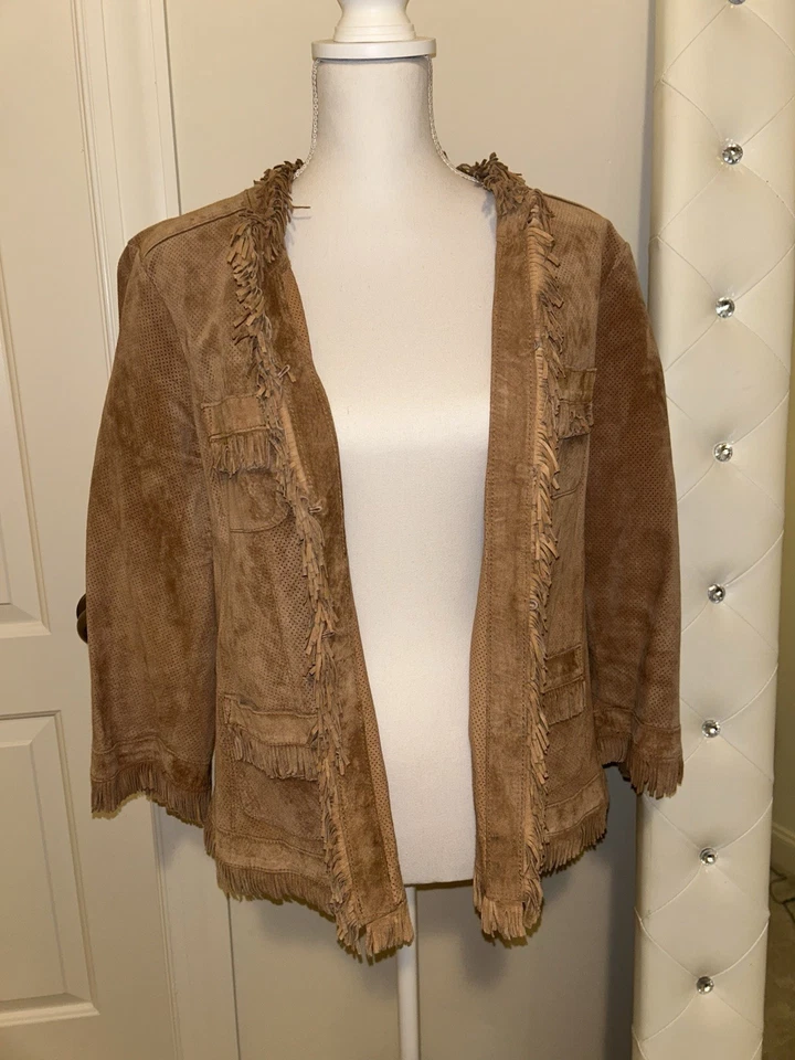 Chaqueta de cuero de gamuza Chicos flecos grandes castaño manga 3/4 occidental genial Foto 3 de 4