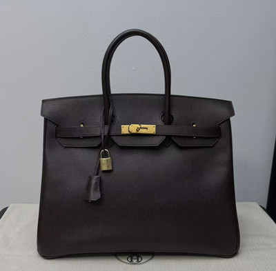 Auth Hermès Birkin 35 Top-handle Handbag Dark Brown Epsom Leather Gold Hardware