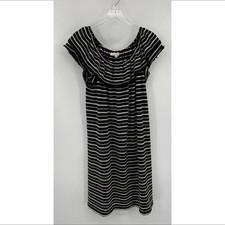 Loft Ann Taylor striped knit dress black white ruffle off shoulder shift XL