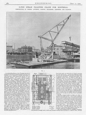 1909 2x antike technische Drucke - 75 Tonnen Dampfschwimmkran für Montreal