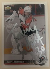 1992-93 Upper Deck Tommy Soderstrom Signed Auto Autograph Flyers Rookie Card RC. rookie card picture