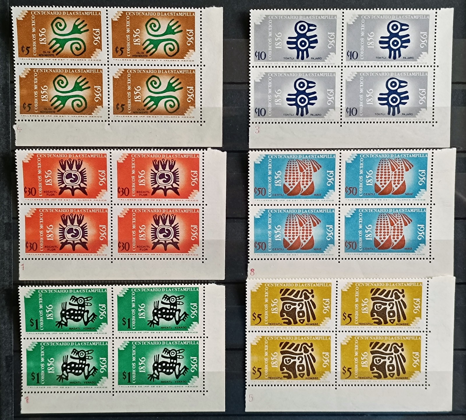 MEXICO 1956 MX POSTAGE STAMP CENTY. Blks. of 4, one stamp on each w/ white spot