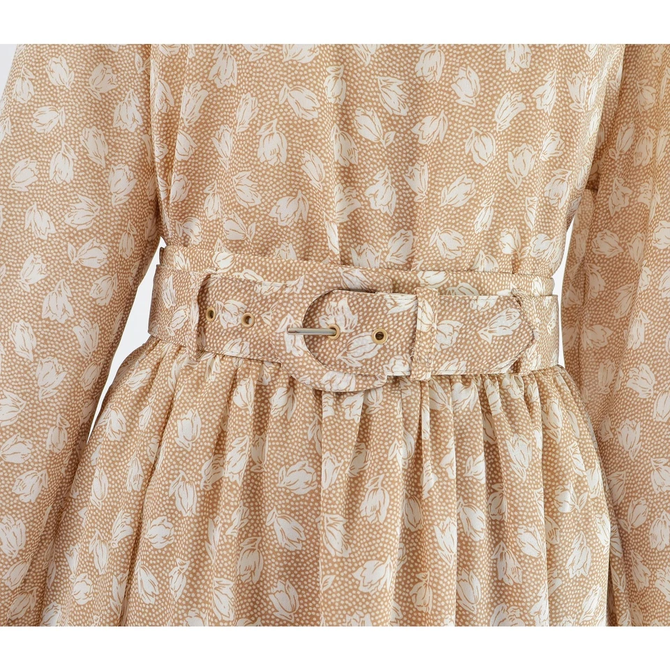 Conjunto de Blusa y Falda Floral Tostada Vintage Vestido Midi Plisado Completo Transparente con Cinturón S M Foto 4 de 4