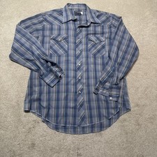 Vintage Wrangler Pearl Snap Shirt Mens 17.5 35 Blue Plaid Long Tails Made In USA