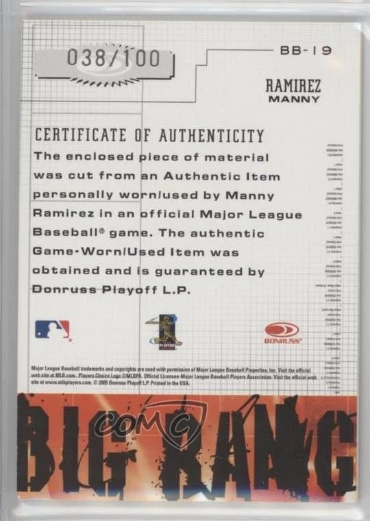 2005 Donruss Leather & Lumber Big Bang Jerseys /100 Manny Ramirez #BB-19 - Image 2 of 2