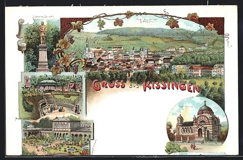 Lithograph Bad Kissingen, Russ. Church, Maxbrunnen, University House ...