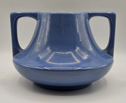 Antique 1920's Haeger Pottery Arts & Crafts Double Handle Blue 8.5"W Eve Vase