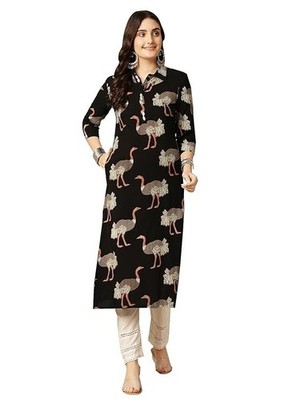 Tbs Schwarz Kurta Damen Bedruckt Indisch Kleid Tunika Top Hemdskragen