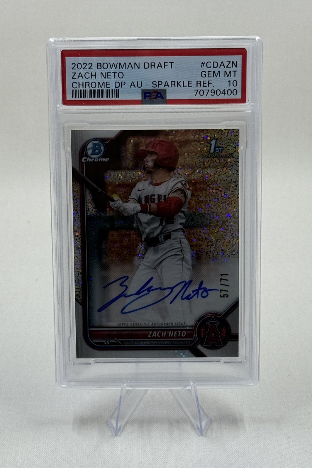 Zach Neto 2022 Bowman Chrome Draft Auto Sparkle Refractor #/71 PSA 10 1st RC