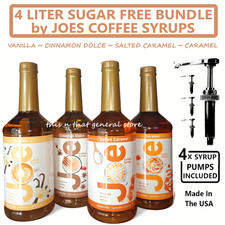 4 LITER SUGAR FREE BUNDLE by JOES COFFEE SYRUP Vanilla Salted Caramel Cinnamon.