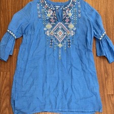 JOHNNY WAS Workshop Blue Sunflower Blue Boho Embroidered Tunic Dress Size Lg