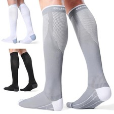 CelerSport 3 Pairs Compression Socks for Men Large-X-Large Black  White  Grey