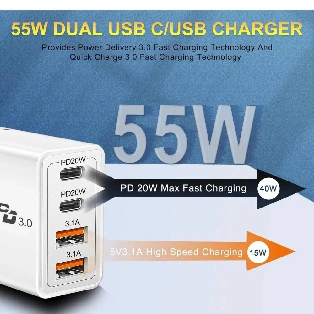 55W 4 Port Wall Charger USB-C PD USB A C Charging Brick Block Adapter Plug