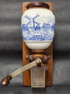 Vintage West Germany Delft Blue Dutch Sceen Windmill Wall Mount Coffee Grinder