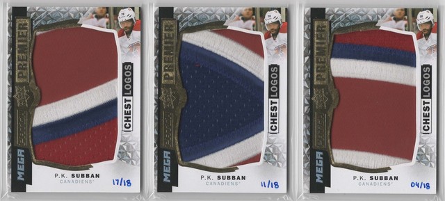 2015-16 Upper Deck Premier Mega Patch Chest Logo P.K. Subban #/18 lot of 3 !!