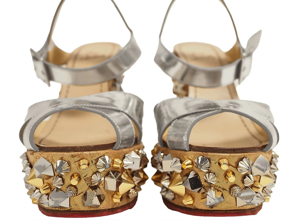 Подлинные сандалии-гвоздики Christian Louboutin на танкетке подошва серебристые кожа размер 35 повторное использование - Изображение 4 из 4