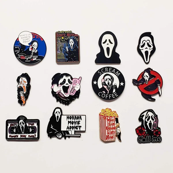 Ghostface Scream enamel pins 🔪 mask knife phone VHS horror scary movies gift