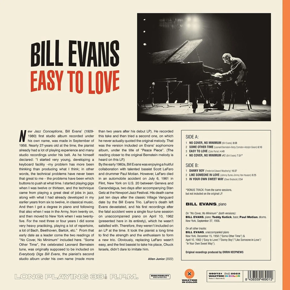 BILL EVANS-Easy To Love (+1 Bonus Track) (Orange Vinyl)-Vinyl LP-Brand New/St... - Image 2 of 2