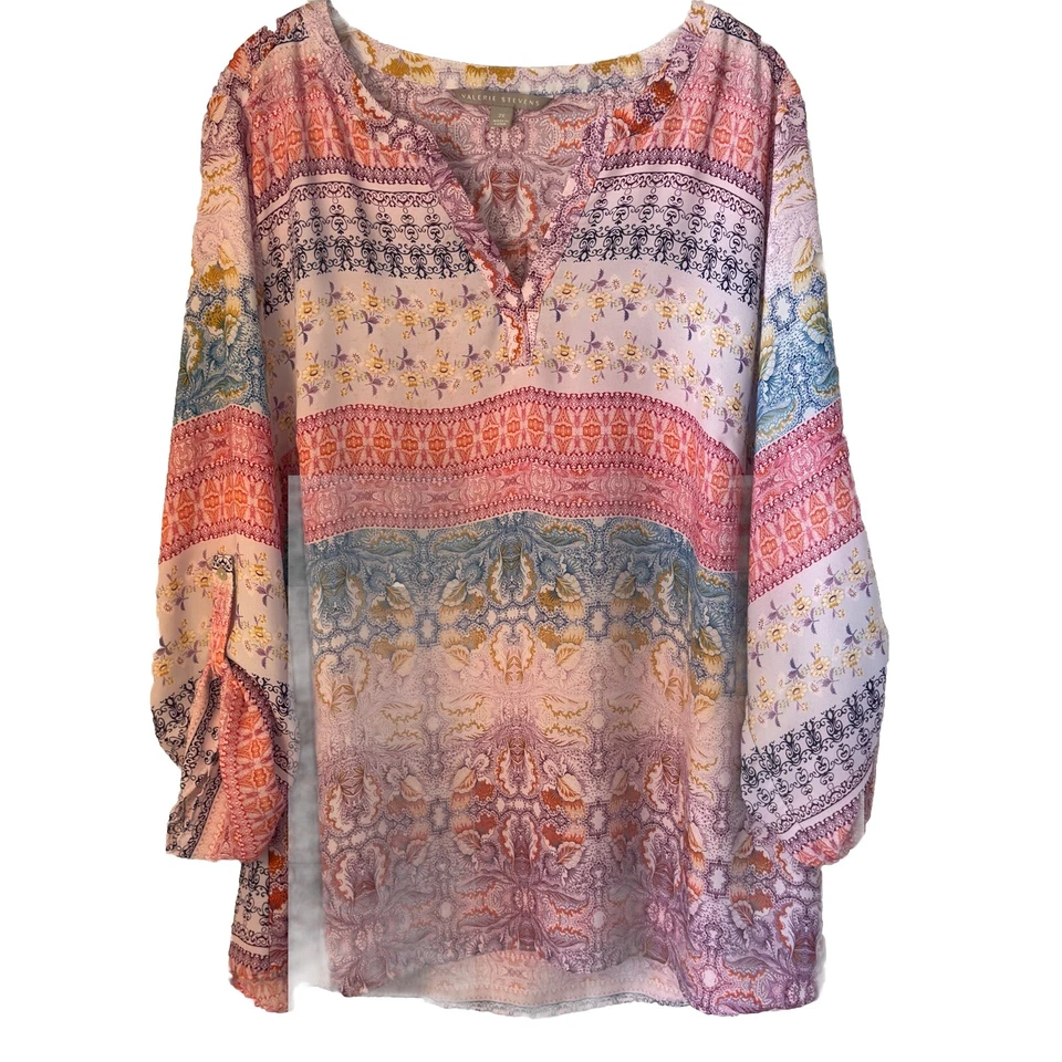Top romántico floral cuello en V lengüetas manga larga VALERIE STEVENS para mujer talla 2X Foto 3 de 4