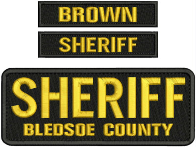 SHERIFF BLEDSOE COUNTY EMB PATCH 3x8 2X5 AND 1X5'' HOOK ON BACK GOLD ON BLACK