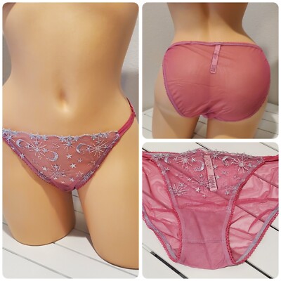 Victorias Secret String Bikini Sheer Panty Moon Stars 8/XL PINK Gumdrop Hot